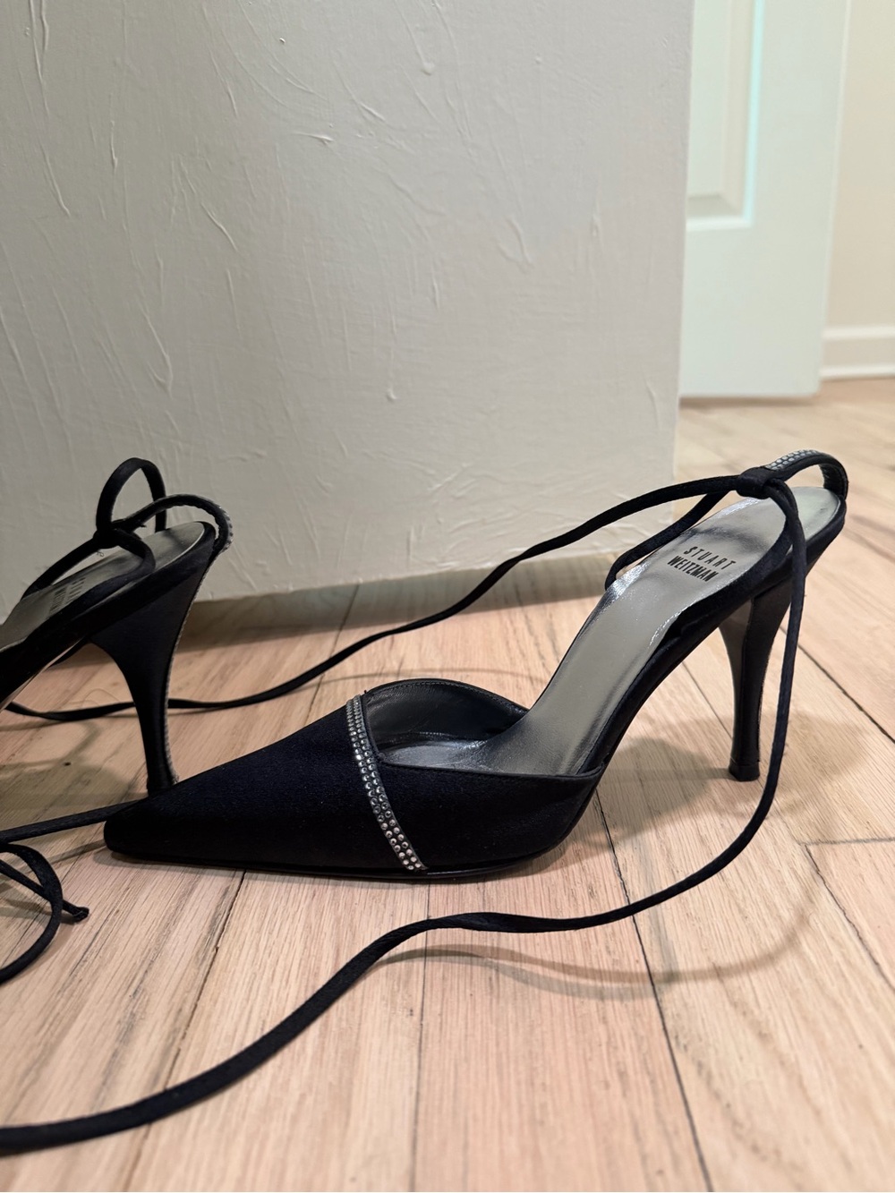 Stuart Weitzman SILK Black Pointed Lace-Up Rhinestone Slingback Heels